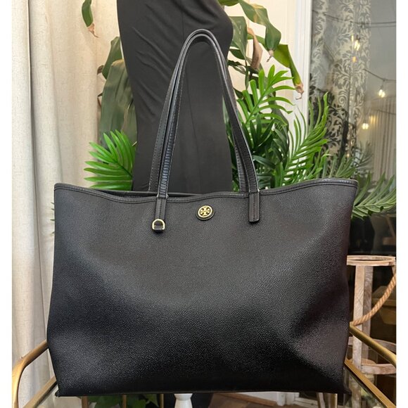 TORY BURCH BLACK STEFANO LEAHTER ROBINSON LARGE TOTE - Picture 2 of 13